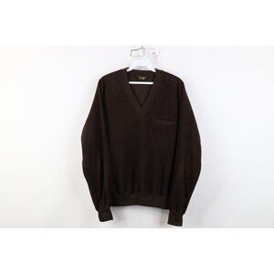 Vintage 70s Lee Mens Medium Faded Blank Velour Fleece V-Neck Sweater Brown USA